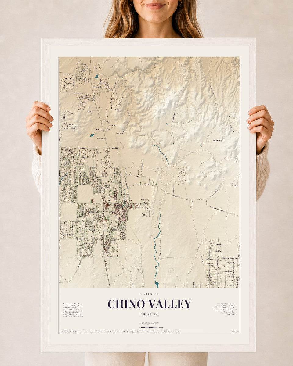 Chino Valley, Arizona map print, 24" x 36", W/ White Ayous Wood Frame
