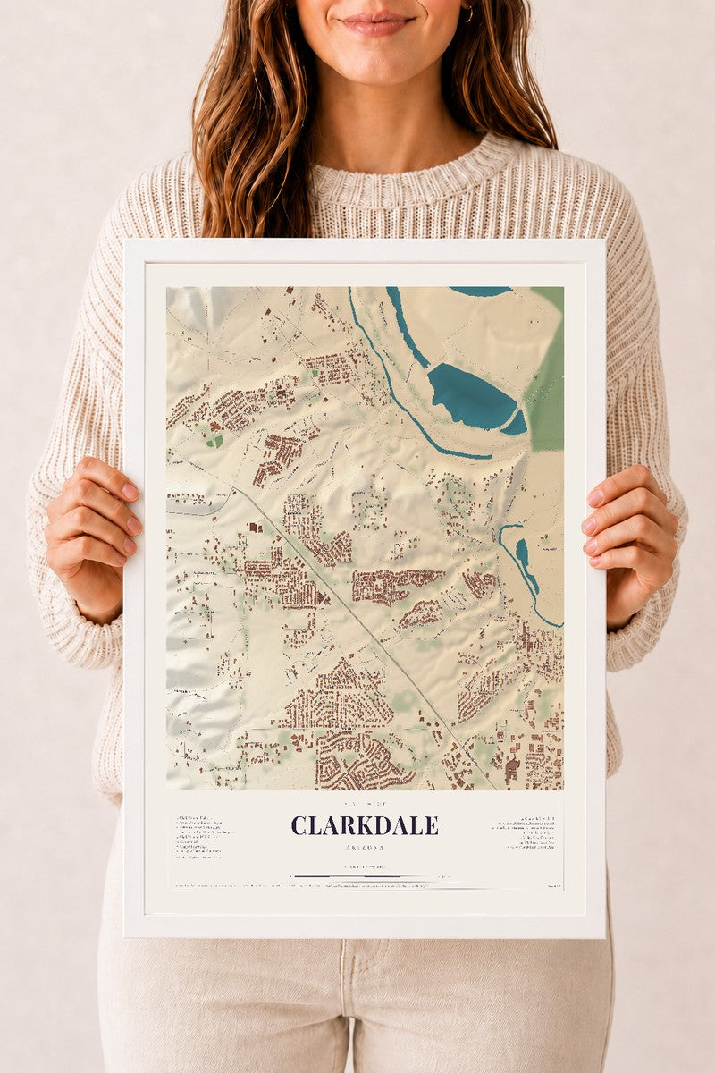 Clarkdale, Arizona map print, 12" x 18", W/ White Ayous Wood Frame