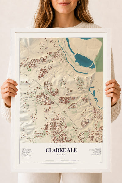 Clarkdale, Arizona map print, 18" x 24", W/ White Ayous Wood Frame