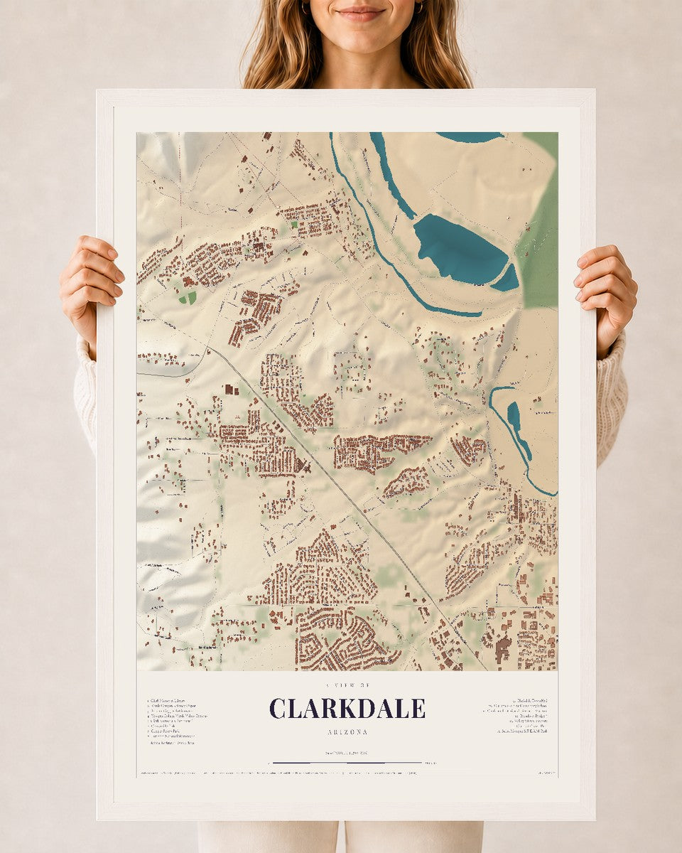 Clarkdale, Arizona map print, 24" x 36", W/ White Ayous Wood Frame