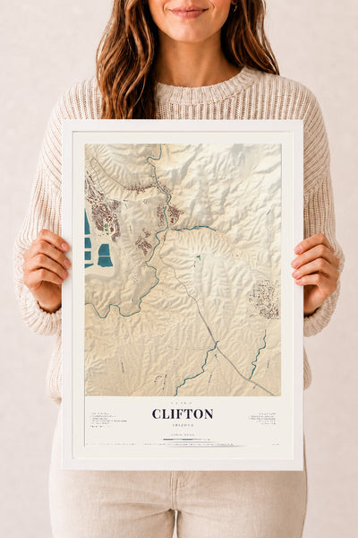 Clifton, Arizona map print, 12" x 18", W/ White Ayous Wood Frame