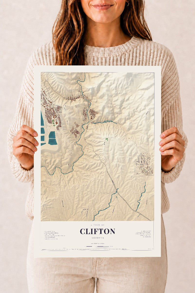 Clifton, Arizona map print, 12" x 18", Archival Matte Print