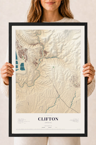 Clifton, Arizona map print, 18" x 24", W/ Black Ayous Wood Frame