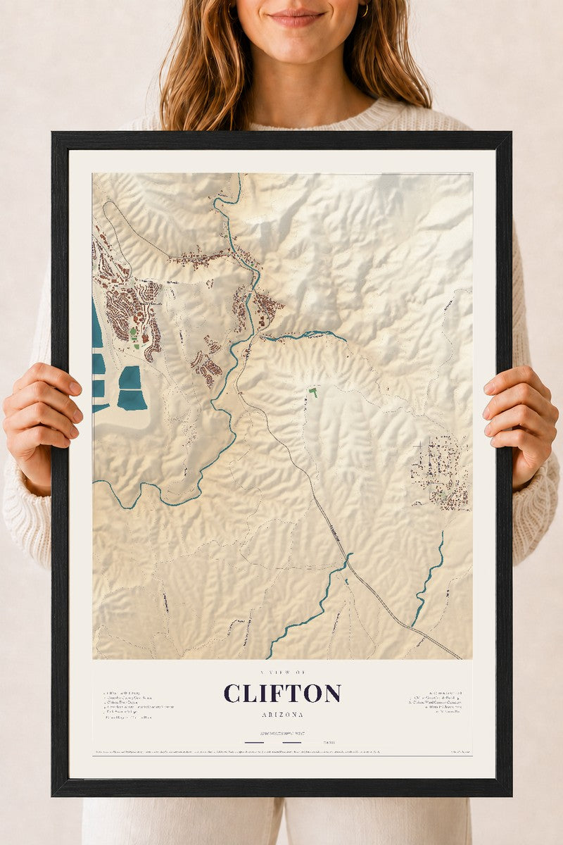 Clifton, Arizona map print, 18" x 24", W/ Black Ayous Wood Frame