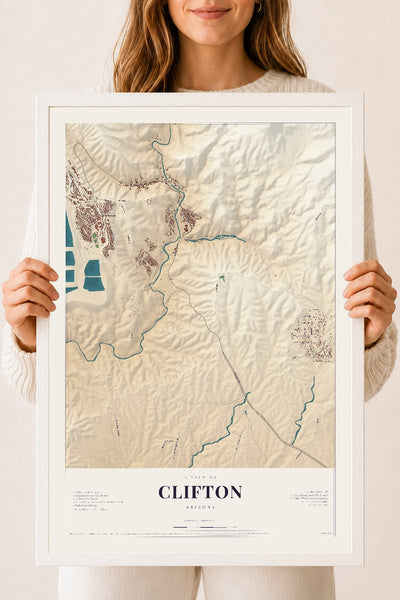 Clifton, Arizona map print, 18" x 24", W/ White Ayous Wood Frame
