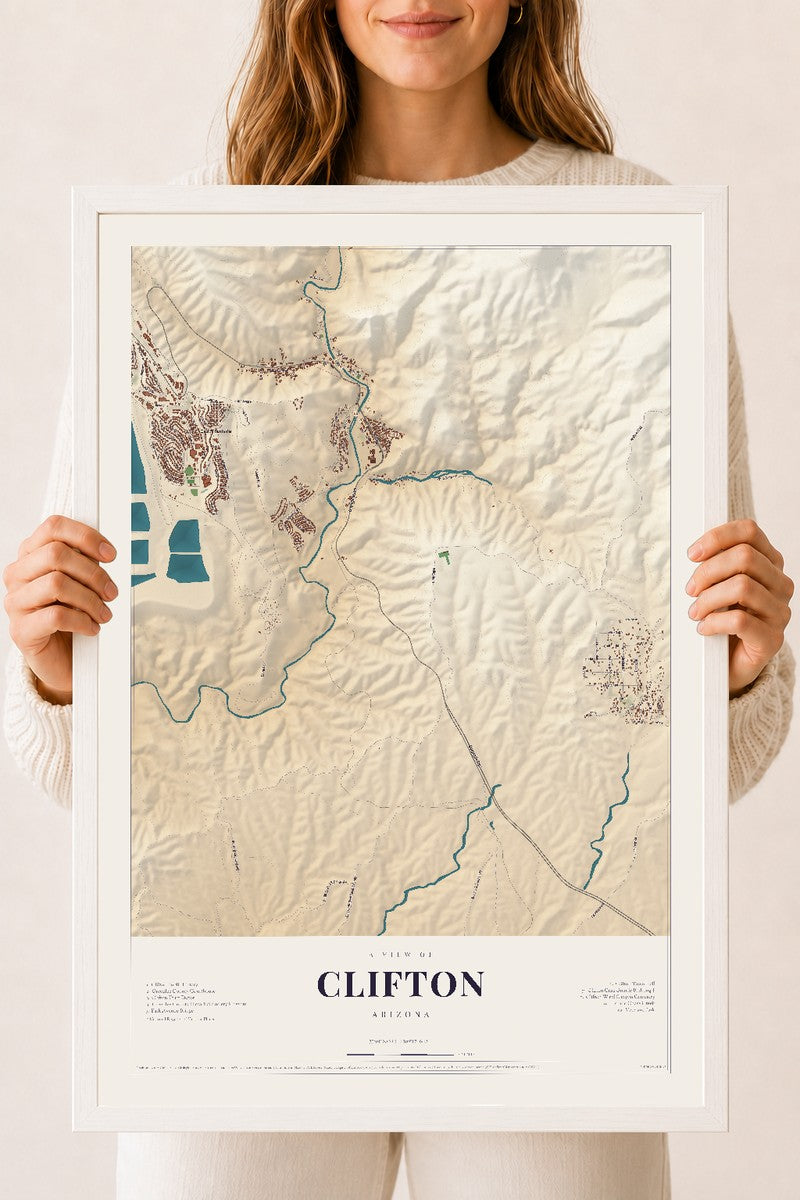 Clifton, Arizona map print, 18" x 24", W/ White Ayous Wood Frame