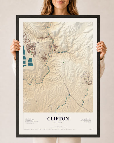 Clifton, Arizona map print, 24" x 36", W/ Black Ayous Wood Frame