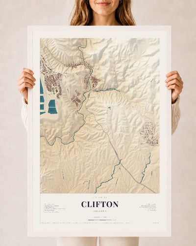 Clifton, Arizona map print, 24" x 36", W/ White Ayous Wood Frame
