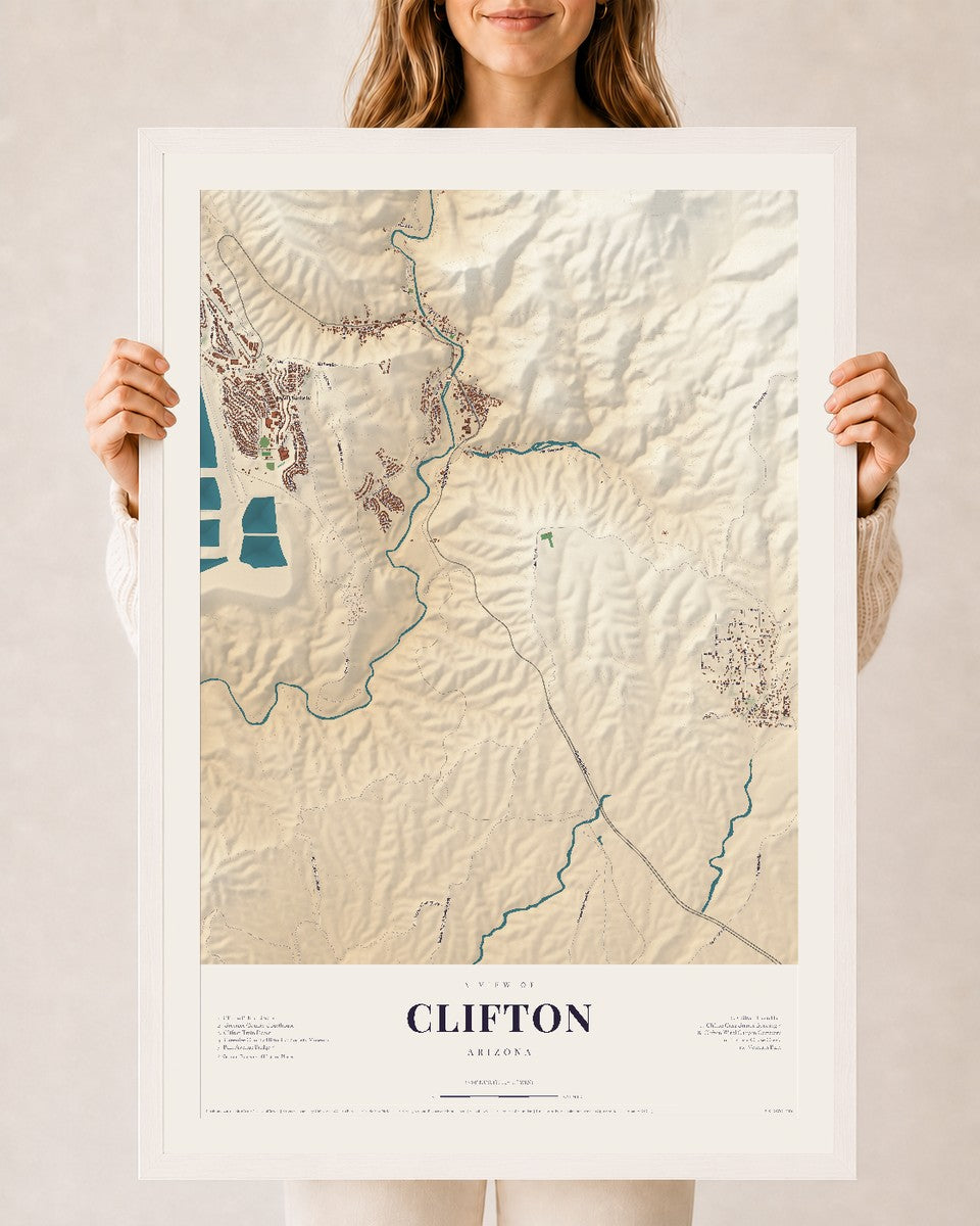Clifton, Arizona map print, 24" x 36", W/ White Ayous Wood Frame