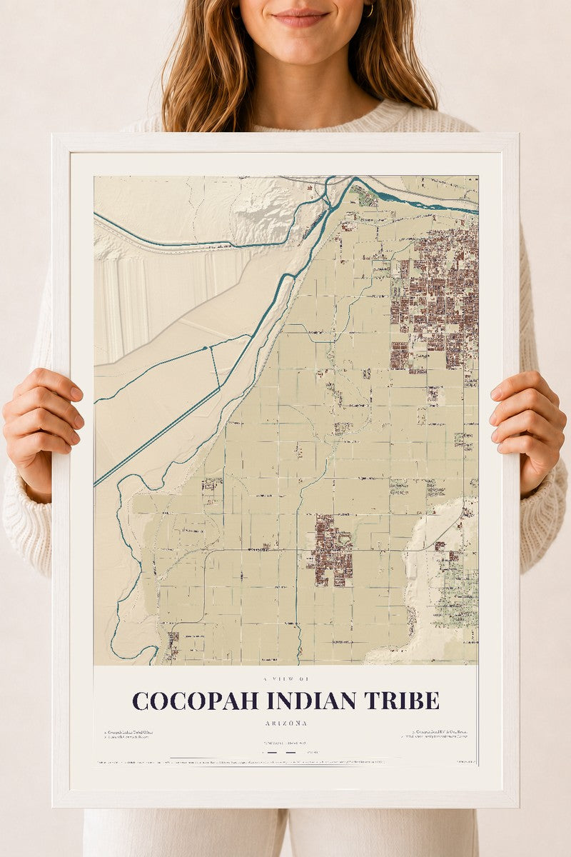 Cocopah Indian Tribe, Arizona map print, 18" x 24", W/ White Ayous Wood Frame