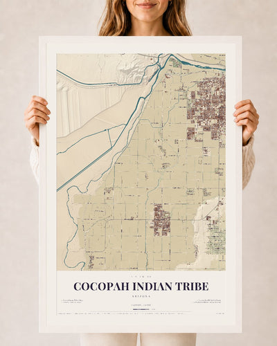 Cocopah Indian Tribe, Arizona map print, 24" x 36", W/ White Ayous Wood Frame