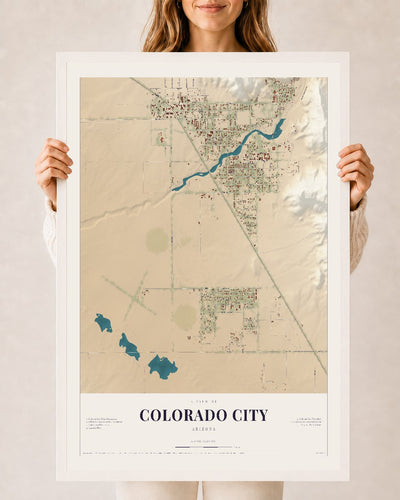 Colorado City, Arizona map print, 24" x 36", W/ White Ayous Wood Frame