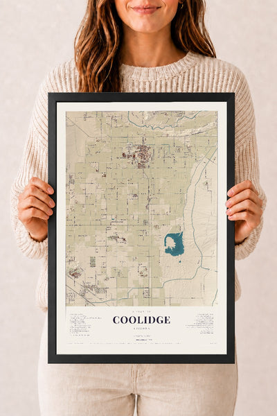 Coolidge, Arizona map print, 12" x 18", W/ Black Ayous Wood Frame