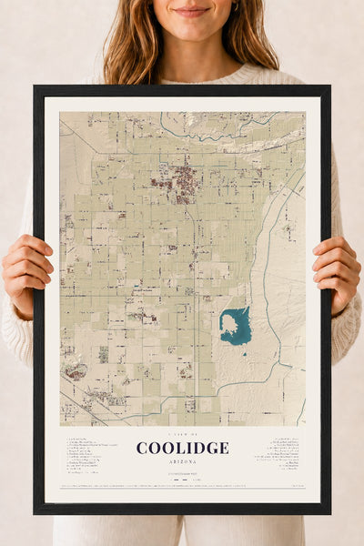 Coolidge, Arizona map print, 18" x 24", W/ Black Ayous Wood Frame