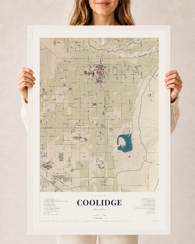 Coolidge, Arizona map print, 24" x 36", W/ White Ayous Wood Frame