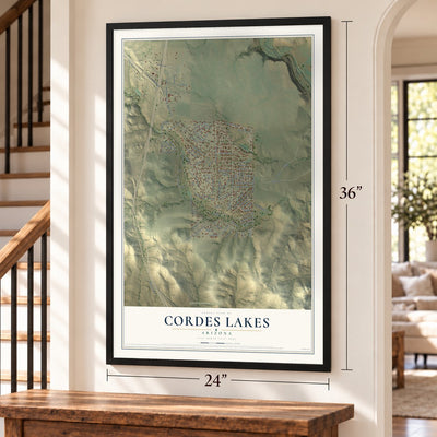 Cordes Lakes, Arizona map, 24 x 36 inch print in a black frame by a staircase