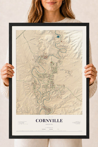 Cornville, Arizona map print, 18" x 24", W/ Black Ayous Wood Frame