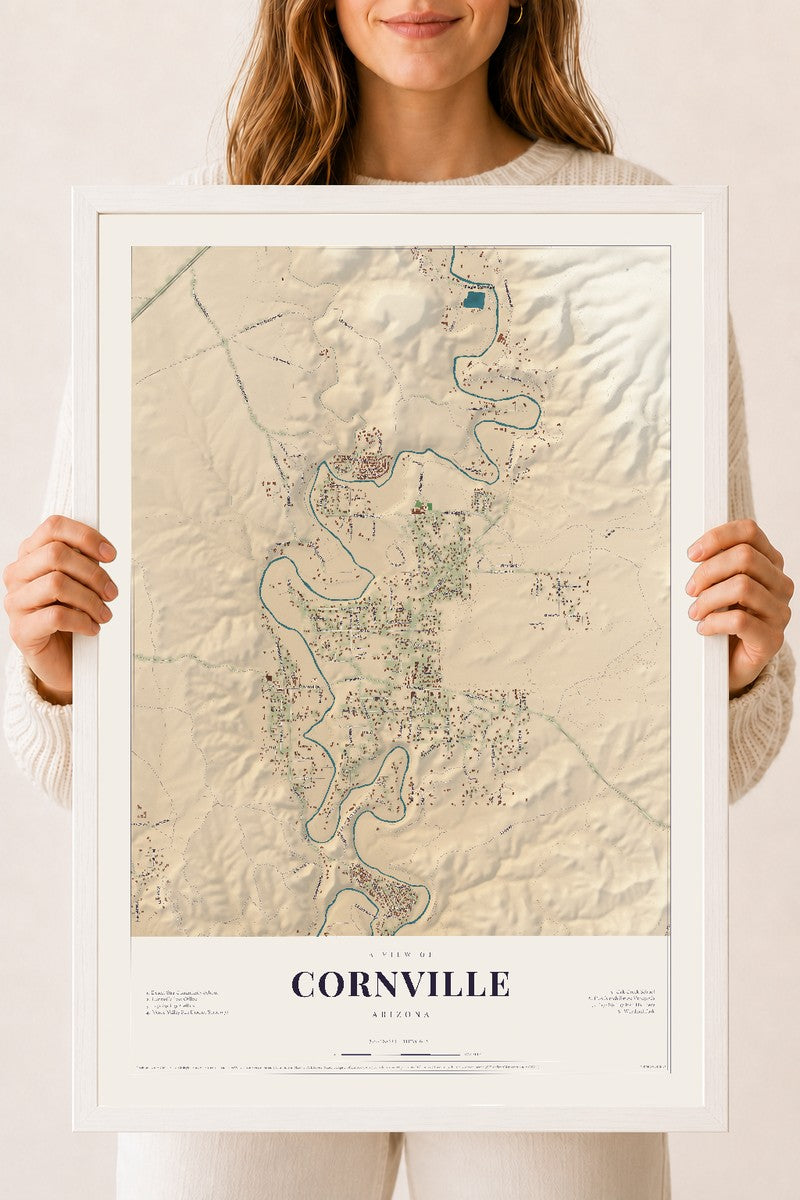 Cornville, Arizona map print, 18" x 24", W/ White Ayous Wood Frame