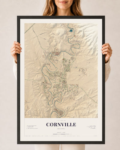 Cornville, Arizona map print, 24" x 36", W/ Black Ayous Wood Frame