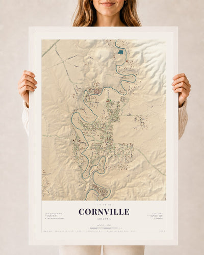 Cornville, Arizona map print, 24" x 36", W/ White Ayous Wood Frame