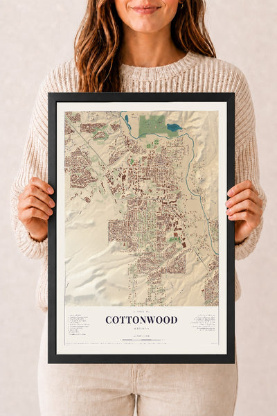 Cottonwood, Arizona map print, 12" x 18", W/ Black Ayous Wood Frame