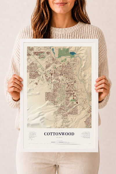 Cottonwood, Arizona map print, 12" x 18", W/ White Ayous Wood Frame