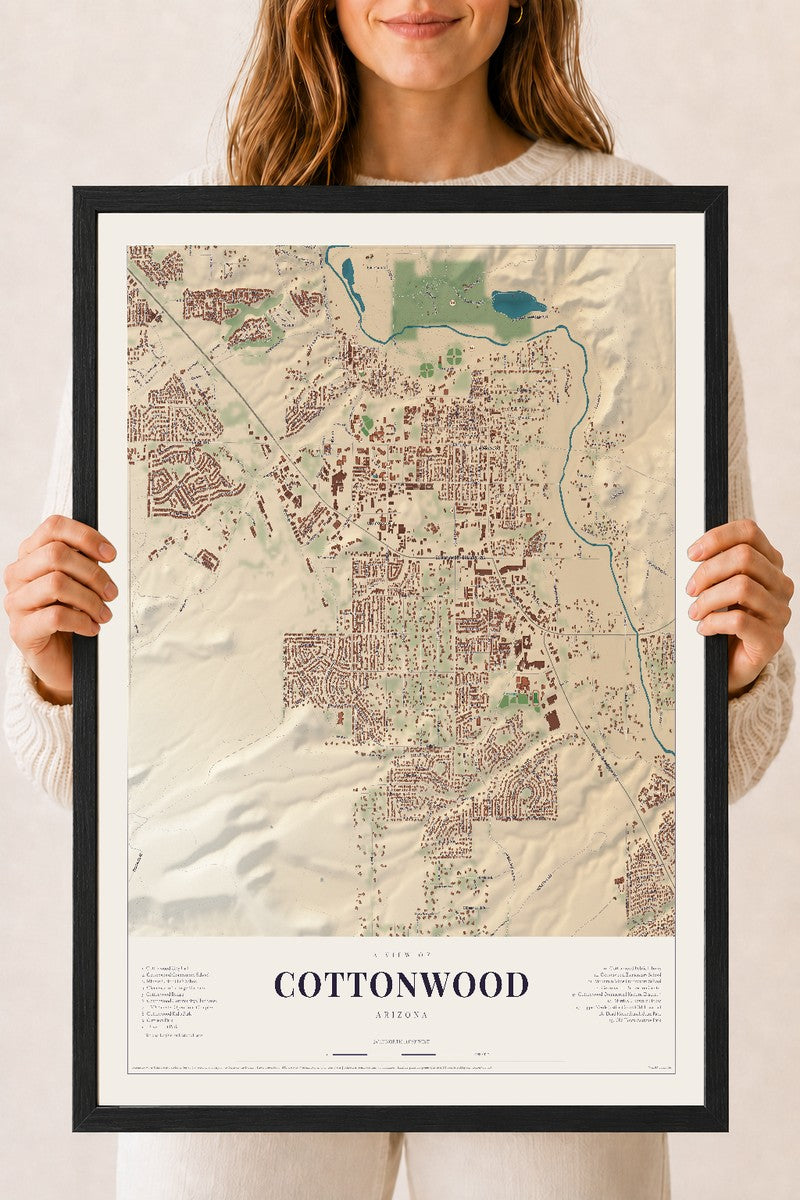 Cottonwood, Arizona map print, 18" x 24", W/ Black Ayous Wood Frame