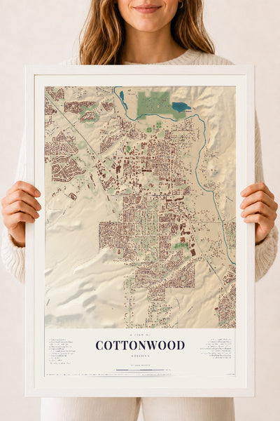 Cottonwood, Arizona map print, 18" x 24", W/ White Ayous Wood Frame