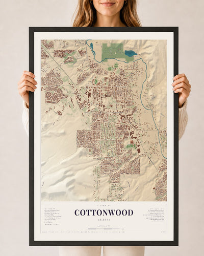 Cottonwood, Arizona map print, 24" x 36", W/ Black Ayous Wood Frame