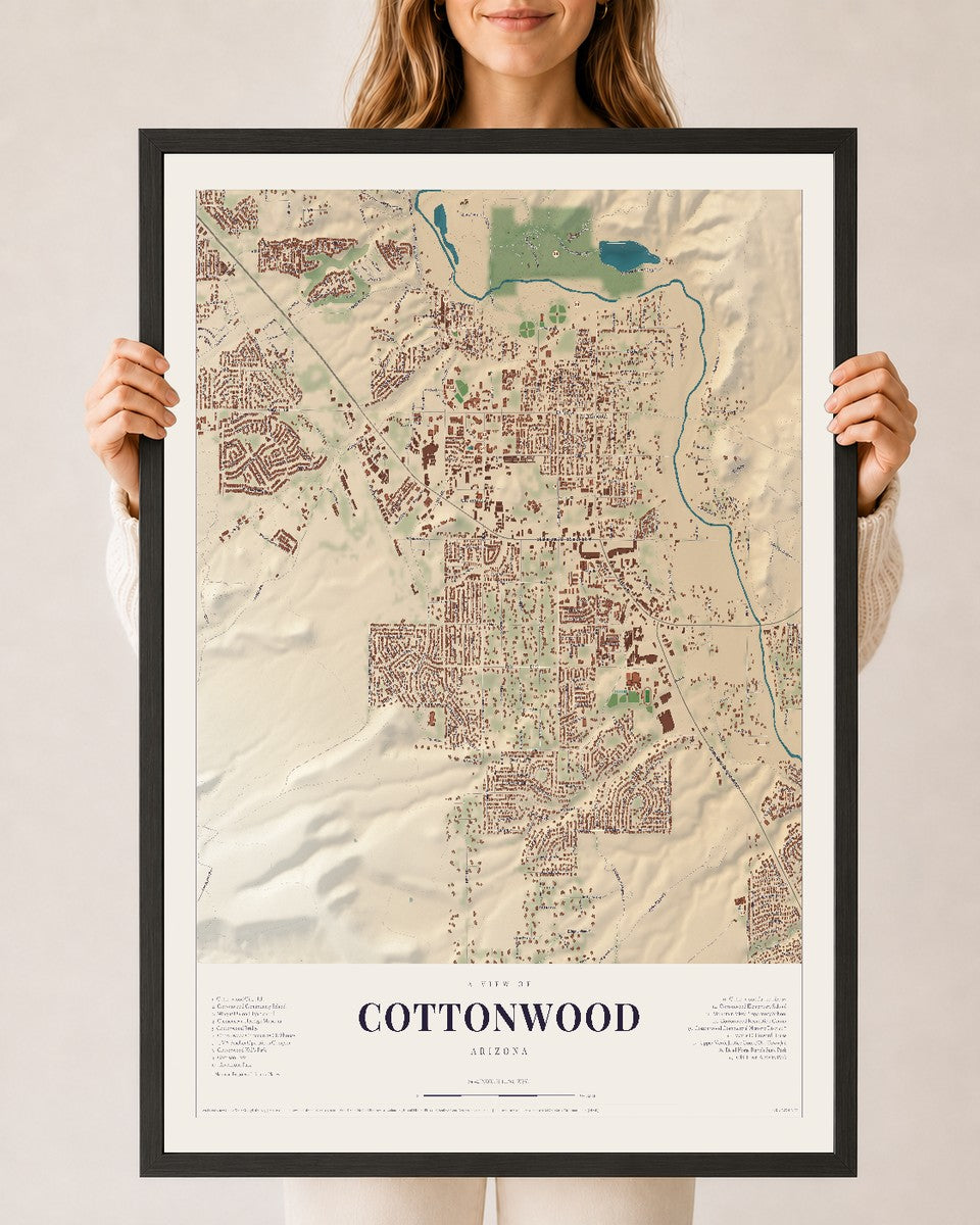 Cottonwood, Arizona map print, 24" x 36", W/ Black Ayous Wood Frame