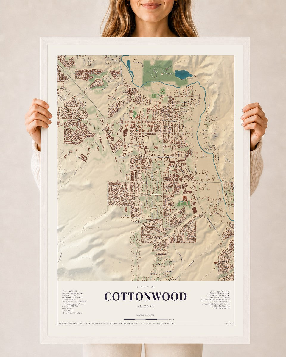 Cottonwood, Arizona map print, 24" x 36", W/ White Ayous Wood Frame