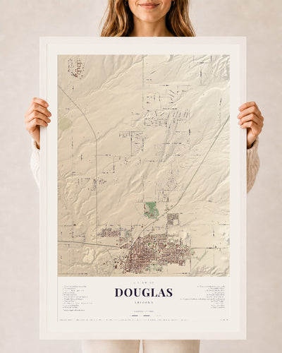 Douglas, Arizona map print, 24" x 36", W/ White Ayous Wood Frame