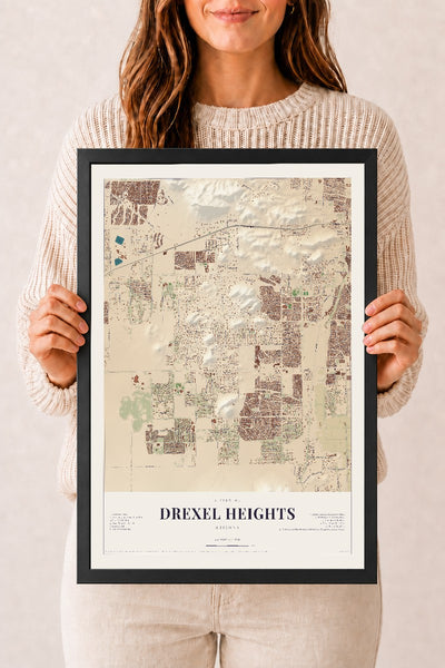 Drexel Heights, Arizona map print, 12" x 18", W/ Black Ayous Wood Frame