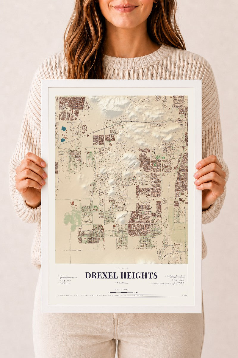 Drexel Heights, Arizona map print, 12" x 18", W/ White Ayous Wood Frame