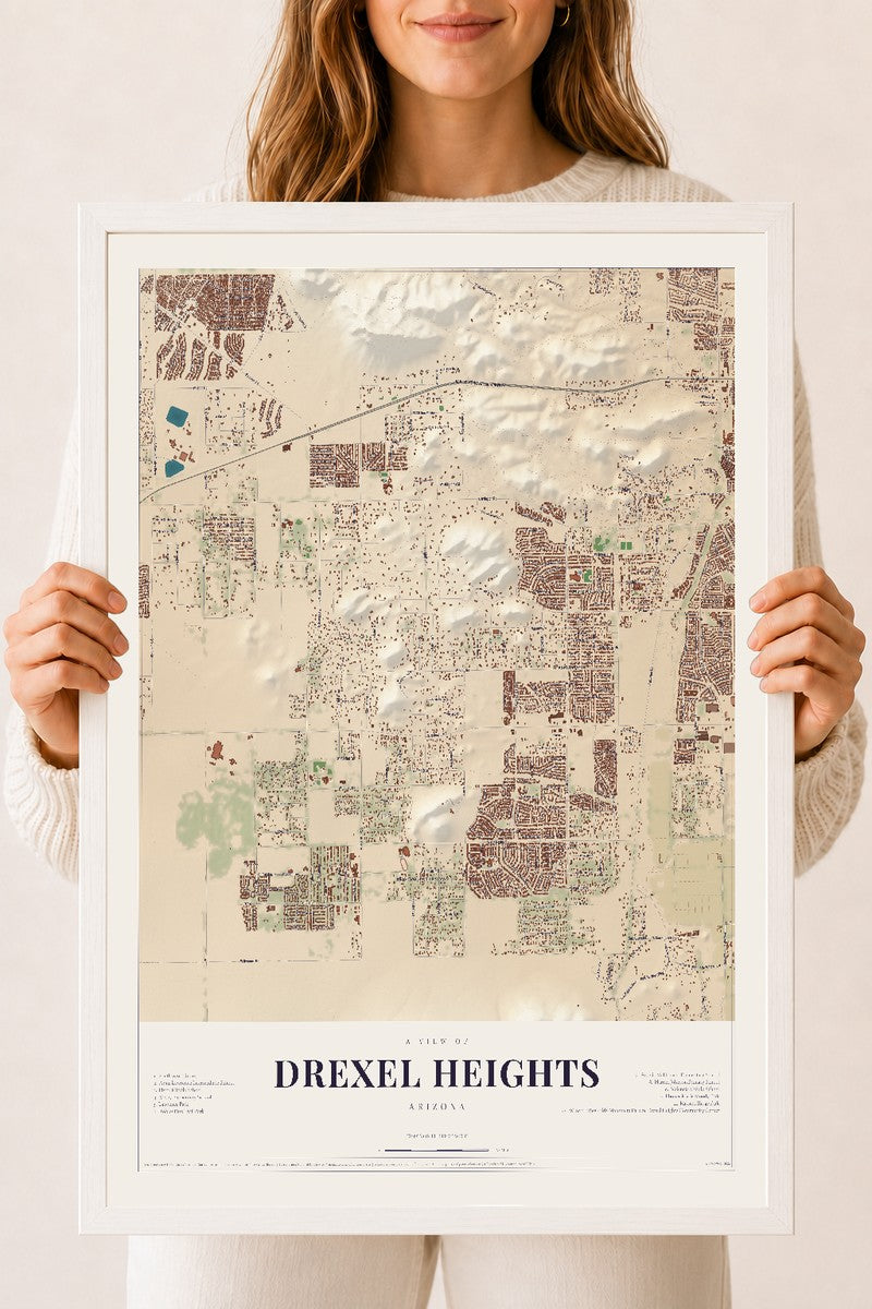 Drexel Heights, Arizona map print, 18" x 24", W/ White Ayous Wood Frame