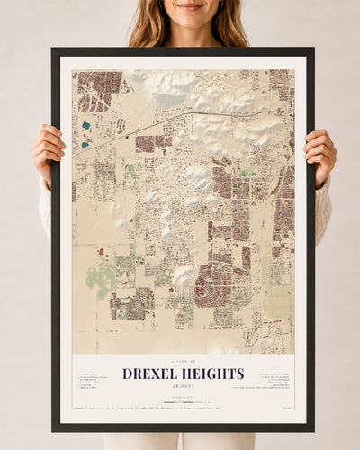 Drexel Heights, Arizona map print, 24" x 36", W/ Black Ayous Wood Frame