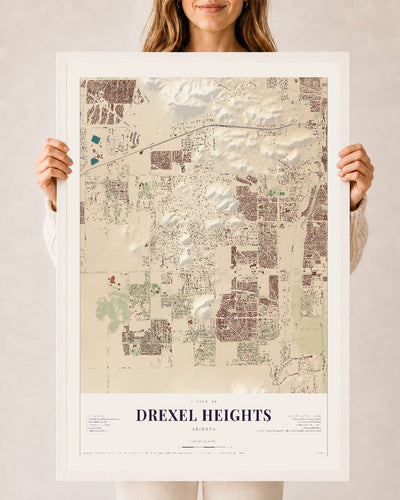 Drexel Heights, Arizona map print, 24" x 36", W/ White Ayous Wood Frame