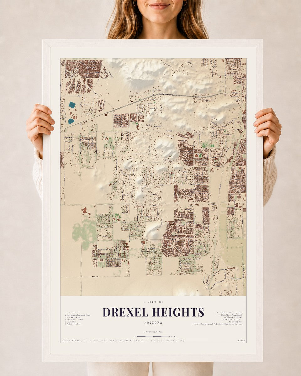 Drexel Heights, Arizona map print, 24" x 36", W/ White Ayous Wood Frame