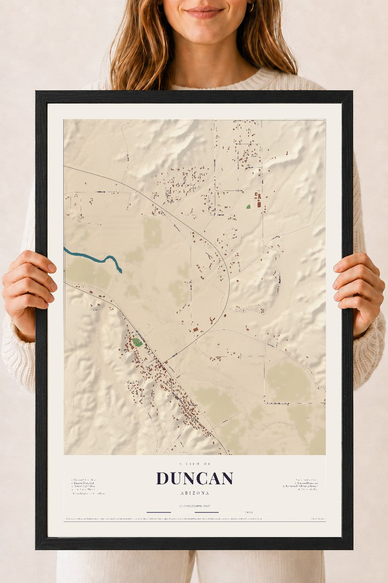 Duncan, Arizona map print, 18" x 24", W/ Black Ayous Wood Frame
