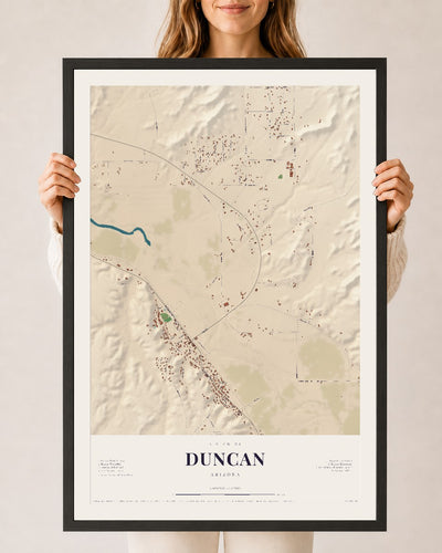 Duncan, Arizona map print, 24" x 36", W/ Black Ayous Wood Frame