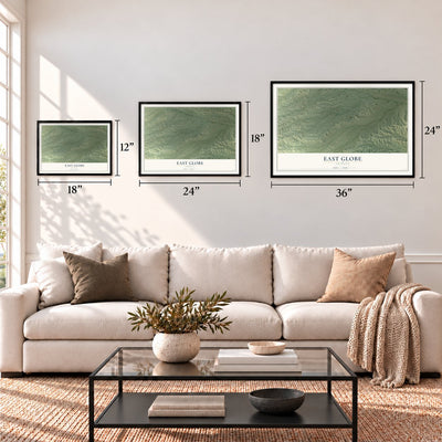 East Globe, Arizona map in 12 x 18, 18 x 24 and 24 x 36 inch sizes above a sofa