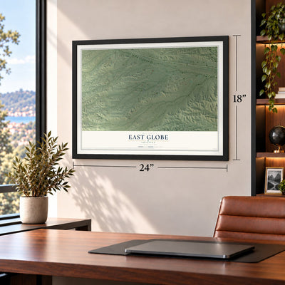 East Globe, Arizona map, 18 x 24 inch print in a black frame in a home office