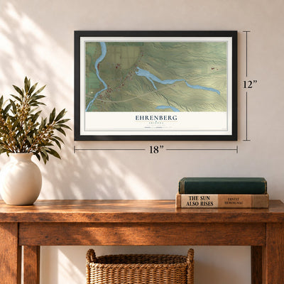 Ehrenberg, Arizona map, 12 x 18 inch print in a black frame in an entryway