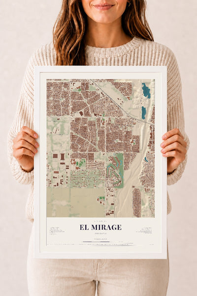 El Mirage, Arizona map print, 12" x 18", W/ White Ayous Wood Frame