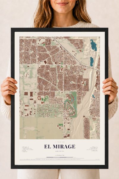 El Mirage, Arizona map print, 18" x 24", W/ Black Ayous Wood Frame