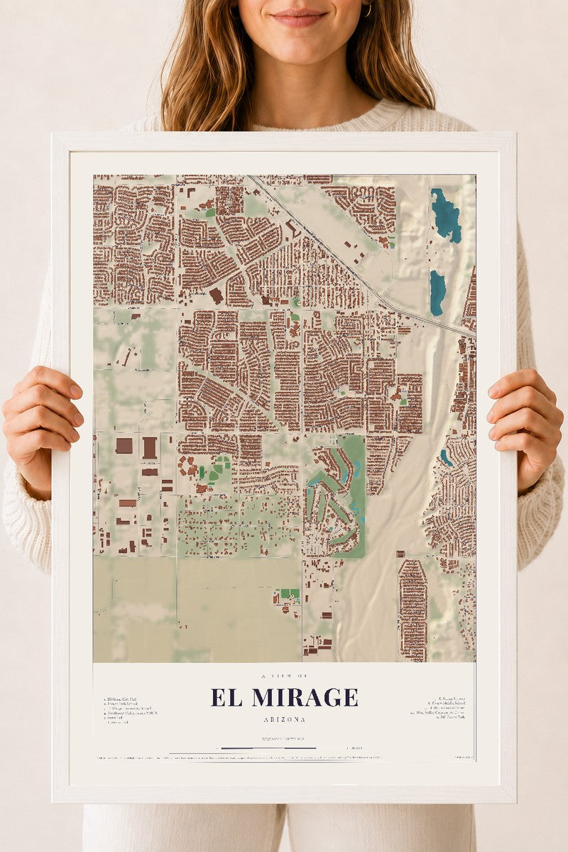 El Mirage, Arizona map print, 18" x 24", W/ White Ayous Wood Frame