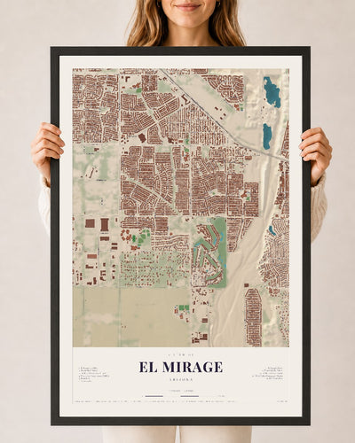 El Mirage, Arizona map print, 24" x 36", W/ Black Ayous Wood Frame