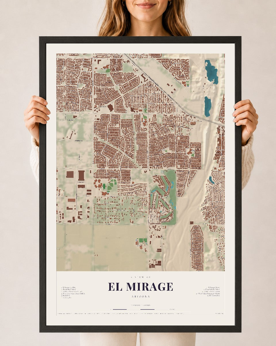 El Mirage, Arizona map print, 24" x 36", W/ Black Ayous Wood Frame