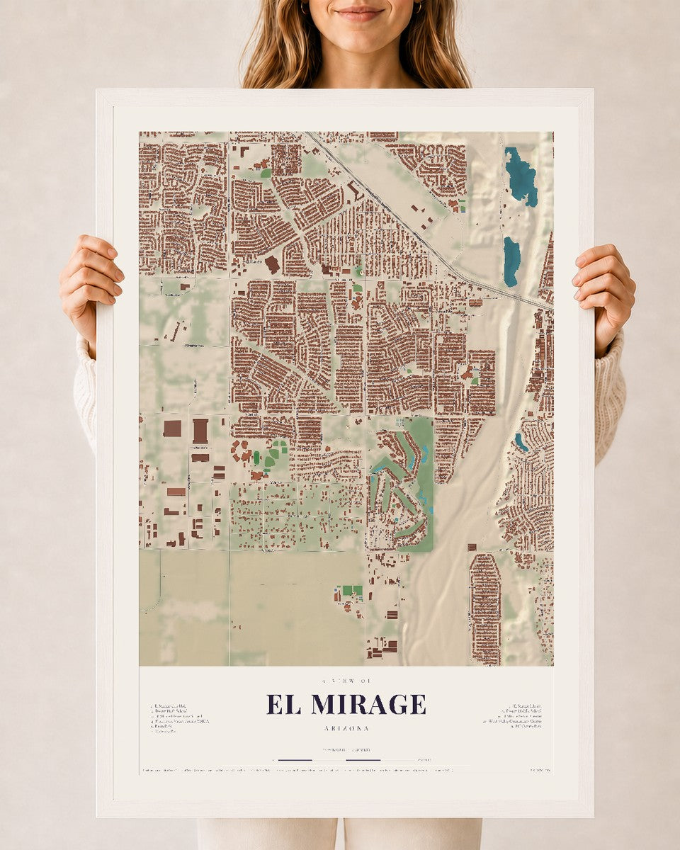 El Mirage, Arizona map print, 24" x 36", W/ White Ayous Wood Frame