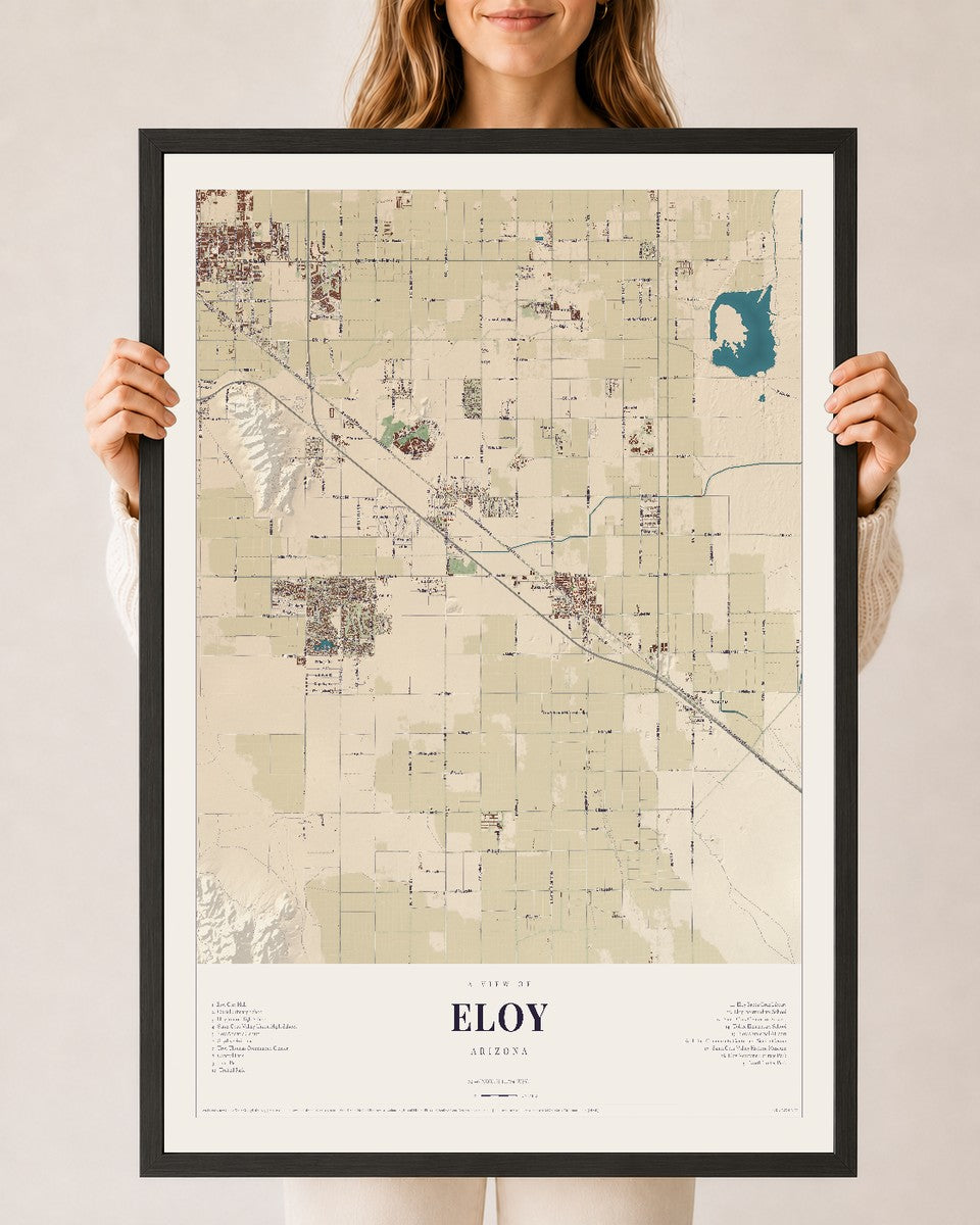 Eloy, Arizona map print, 24" x 36", W/ Black Ayous Wood Frame